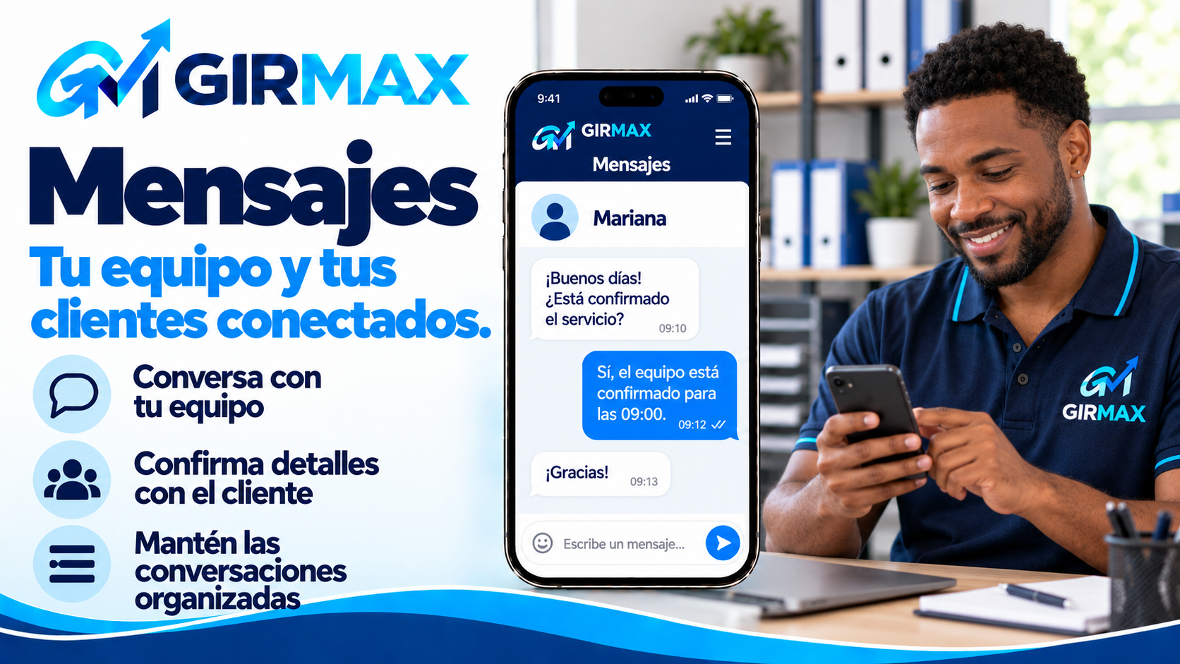Mensajes — equipo y clientes conectados